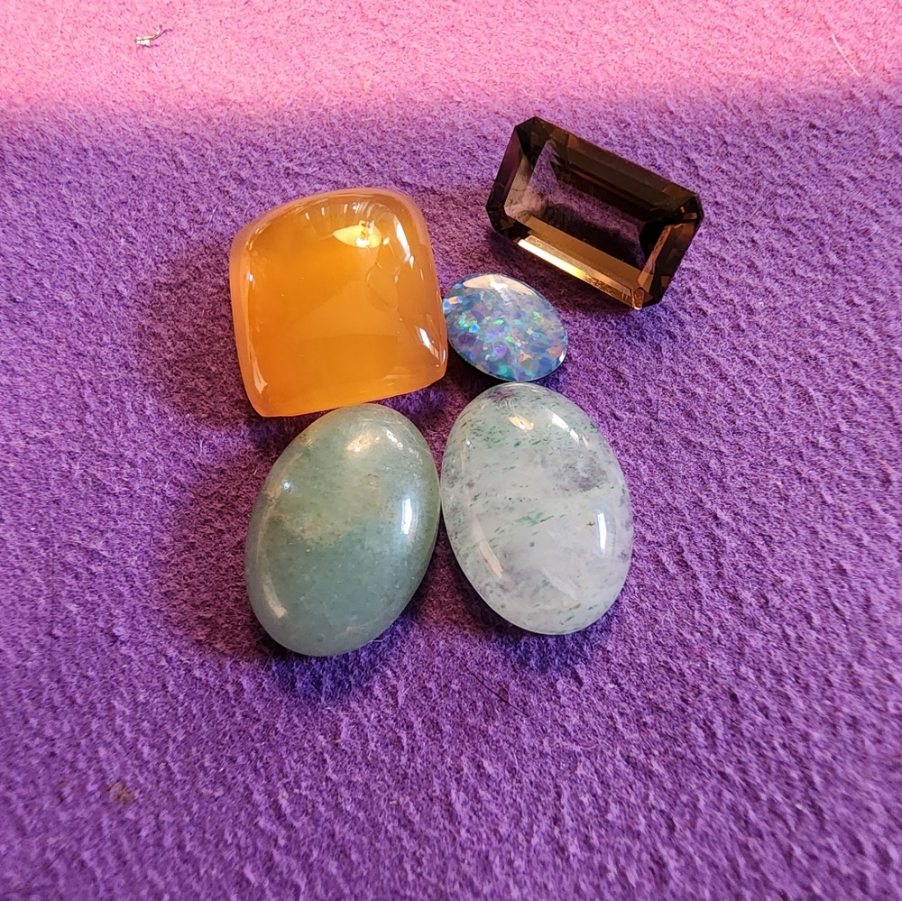 Jade, opal doublet, smokey quartz and tibetan amber